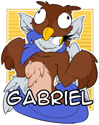 Size: 1609x2047 | Tagged: safe, artist:bbsartboutique, oc, oc only, oc:gabriel, owl, badge, clothes, con badge, costume, transparent background