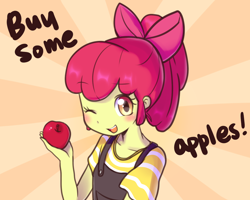 Size: 1280x1024 | Tagged: safe, artist:haden-2375, apple bloom, equestria girls, adorabloom, apple, apple bloom's bow, blushing, bow, buy some apples, clothes, cute, female, food, fruit, hair bow, looking at you, one eye closed, open mouth, solo, wink