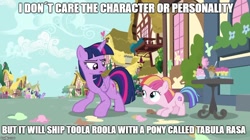 Size: 888x499 | Tagged: safe, screencap, toola roola, twilight sparkle, twilight sparkle (alicorn), alicorn, fame and misfortune, image macro, meme, text