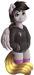 Size: 930x2000 | Tagged: safe, artist:spirit-dude, oc, oc only, pegasus, semi-anthro, blushing, clothes, ear piercing, hoodie, male, piercing, simple background, solo, transparent background