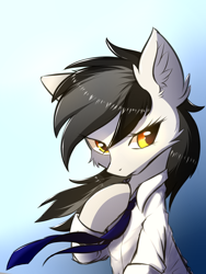 Size: 2100x2800 | Tagged: safe, artist:morningbullet, oc, oc only, oc:noot, earth pony, pony, bust, cheek fluff, clothes, ear fluff, female, fluffy, frown, gradient background, hoof on chest, mare, necktie, sad, shirt, solo, windswept mane