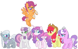 Size: 1700x1084 | Tagged: safe, artist:lullabyprince, apple bloom, diamond tiara, princess flurry heart, scootaloo, silver spoon, sweetie belle, alicorn, earth pony, pegasus, pony, unicorn, alternate hairstyle, alternate mane six, alternate universe, bandage, bandana, base used, colored pupils, female, freckles, mare, older, older apple bloom, older diamond tiara, older flurry heart, older scootaloo, older silver spoon, older sweetie belle, simple background, transparent background