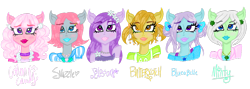 Size: 1024x363 | Tagged: safe, artist:crystal-sushi, blossom, blue belle, butterscotch (g1), cotton candy (g1), minty (g1), snuzzle, anthro, g1, crossover, monster high, original six, simple background, transparent background