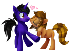 Size: 1024x757 | Tagged: safe, artist:centchi, oc, oc only, oc:kaz, earth pony, pony, unicorn, blushing, cute, female, kissing, male, mare, simple background, stallion, transparent background, watermark