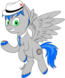 Size: 1024x1217 | Tagged: safe, artist:recordmelodie, oc, oc only, oc:record melodie, pegasus, pony, blue mane, fedora, green eyes, grin, hat, necktie, poker card, poker chips, simple background, smiling