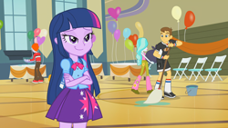 Size: 1920x1080 | Tagged: safe, screencap, twilight sparkle, twilight sparkle (alicorn), alicorn, equestria girls, equestria girls (movie), :t, background human, crossed arms, lidded eyes, smiling, smirk, smug