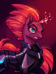 Size: 900x1200 | Tagged: safe, artist:purpleorange, tempest shadow, pony, unicorn, my little pony: the movie, armor, broken horn, eye scar, female, glowing horn, gradient background, horn, mare, scar, solo, sparking horn