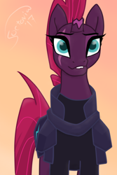 Size: 2000x3000 | Tagged: safe, artist:soctavia, tempest shadow, pony, unicorn, my little pony: the movie, armor, broken horn, cute, eye scar, female, happy, lip bite, mare, scar, simple background, smiling, solo, tempestbetes