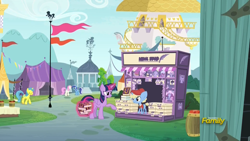 Size: 1920x1080 | Tagged: safe, screencap, lemon hearts, minuette, twilight sparkle, twilight sparkle (alicorn), twinkleshine, alicorn, pony, unicorn, fame and misfortune, apple barrel, background pony, barrel, bucket, canterlot, colt, discovery family logo, female, gazebo, glowing horn, horn, levitation, magic, magic aura, male, mare, newspaper, newsstand, puff piece, raised hoof, telekinesis, topiary, vendor