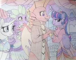 Size: 1024x802 | Tagged: safe, artist:evergreen-gemdust, garble, rarity, spike, twilight sparkle, twilight sparkle (alicorn), alicorn, dragon, pony, unicorn, bipedal, clothes, crack shipping, dancing, dress, female, male, shipping, straight, traditional art, twigarble