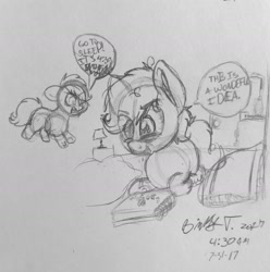 Size: 1824x1842 | Tagged: safe, artist:binkyt11, oc, oc only, oc:binky, pony, bags under eyes, bed, bloodshot eyes, chibi, mistakes were made, monochrome, newbie artist training grounds, notebook, pencil, signature, sleep deprivation, sleep is for the weak, solo, speech bubble, talking to themself, tired, traditional art, unshorn fetlocks