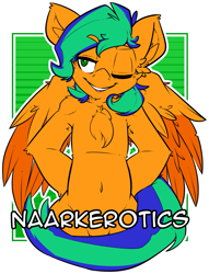 Size: 1673x2189 | Tagged: safe, artist:bbsartboutique, oc, oc only, oc:naarkerotics, pegasus, pony, badge, belly button, con badge