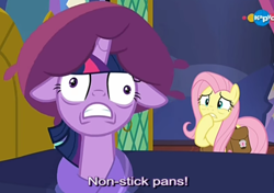 Size: 1434x1009 | Tagged: safe, screencap, fluttershy, twilight sparkle, twilight sparkle (alicorn), alicorn, pegasus, pony, a health of information, carousel (tv channel), derp, derplight sparkle, faic, floppy ears, non stick pans, pillow hat, subtitles