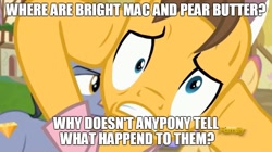 Size: 892x500 | Tagged: safe, edit, edited screencap, screencap, bright mac, caramel, pear butter, pony, fame and misfortune, the perfect pear, discovery family logo, dramamel, exploitable meme, female, image macro, male, meme, misspelling