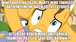 Size: 892x500 | Tagged: safe, caramel, pony, fame and misfortune, back to the future, discovery family logo, dramamel, exploitable meme, image macro, meme, obligatory pony