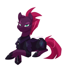 Size: 1692x2000 | Tagged: safe, artist:bluntwhiskey, tempest shadow, unicorn, my little pony: the movie, broken horn, eye scar, looking at you, prone, scar, simple background, smiling, solo, transparent background