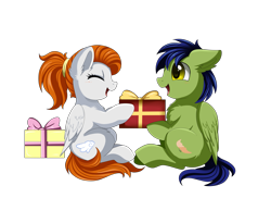 Size: 3509x2550 | Tagged: safe, artist:pridark, oc, oc only, oc:glyde, oc:sky chase, pegasus, pony, brother and sister, christmas, christmas gift, female, holiday, male, mare, present, siblings, stallion