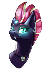 Size: 798x1200 | Tagged: safe, artist:rimmi1357, tempest shadow, pony, undead, unicorn, vampire, vampony, my little pony: the movie, broken horn, bust, eye scar, fangs, halloween, holiday, jewelry, necklace, portrait, scar, simple background, smiling, solo, transparent background