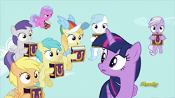 Size: 914x514 | Tagged: safe, screencap, cotton cloudy, mango dash, noi, pinkie feather, rainy feather, sweet pop, tornado bolt, twilight sparkle, twilight sparkle (alicorn), alicorn, pony, fame and misfortune, discovery family logo