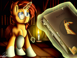 Size: 1600x1200 | Tagged: safe, artist:supermoix, sunburst, horse, pony, unicorn, book, candle, dark, glowing horn, levitation, library, magic, male, solo, stallion, telekinesis