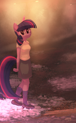 Size: 742x1200 | Tagged: safe, artist:1trick, twilight sparkle, unicorn twilight, anthro, plantigrade anthro, unicorn, clothes, cute, female, looking at you, mare, petals, shirt, shoes, skirt, socks, solo