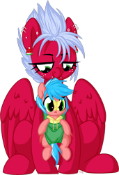 Size: 1327x1935 | Tagged: safe, artist:kellythedrawinguni, oc, oc only, oc:melon frost, oc:pink licorice, butterfly, pegasus, pony, baby carrier, baby harness, ear piercing, earring, female, foal, freckles, jewelry, mare, mother and child, mother and daughter, offspring, parent and child, parent:oc:creamy pinch, parent:oc:melon frost, parents:oc x oc, piercing, simple background, smiling, snake bites, transparent background