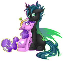 Size: 1024x991 | Tagged: safe, artist:whitehershey, screwball, oc, oc:mothball, changeling, earth pony, hybrid, pony, fanfic:daughter of discord, blushing, canon x oc, changeling oc, digital art, female, interspecies offspring, male, mare, next generation, offspring, offspring shipping, parent:discord, parent:fluttershy, parent:queen chrysalis, parents:discoshy, simple background, straight, transparent background