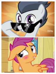 Size: 3106x4096 | Tagged: safe, edit, edited screencap, screencap, rumble, scootaloo, pegasus, pony, marks and recreation, blushing, colt, female, glasses, male, rumbloo, shipping, straight