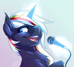 Size: 3173x2884 | Tagged: safe, artist:drizziedoodles, oc, oc only, oc:velvet remedy, pony, unicorn, fallout equestria, fanfic, fanfic art, female, glowing horn, gradient background, horn, magic, mare, microphone, simple background, singing, solo, telekinesis