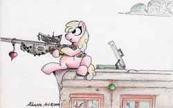 Size: 1024x642 | Tagged: artist needed, safe, oc, oc only, oc:puppysmiles, earth pony, pony, fallout equestria, alternate universe, briefcase, building, cloud, fanfic, fanfic art, female, filly, foal, gun, hooves, optical sight, rifle, sitting, smiling, sniper, sniper rifle, solo, traditional art, weapon