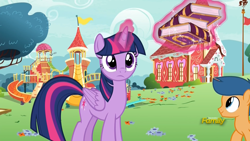 Size: 1920x1080 | Tagged: safe, screencap, first base, twilight sparkle, twilight sparkle (alicorn), alicorn, pony, fame and misfortune, blank stare, book, friendship journal, glowing horn, jungle gym, levitation, magic, playground, ponyville, ponyville schoolhouse, telekinesis