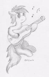 Size: 1529x2385 | Tagged: safe, artist:geljado, oc, oc only, earth pony, pony, bad guitar anatomy, guitar, male, monochrome, music notes, sketch, solo, traditional art