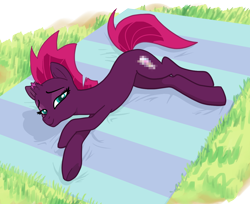 Size: 1230x1002 | Tagged: safe, artist:pencils, fizzlepop berrytwist, tempest shadow, pony, unicorn, my little pony: the movie, broken horn, censored, female, looking at you, lying down, mare, on side, picnic blanket, solo, underhoof