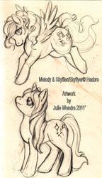 Size: 683x1186 | Tagged: safe, artist:blackfrost, melody, skyflier, pegasus, pony, unicorn, g1, sketch, traditional art