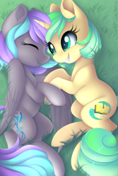 Size: 3000x4500 | Tagged: safe, artist:scarlet-spectrum, oc, oc only, oc:first edition, oc:silverstar, pegasus, pony, unicorn, absurd resolution, commission, cuddling, eyes closed, female, grass, mare, smiling