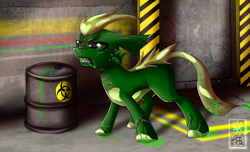 Size: 2800x1700 | Tagged: safe, artist:elmutanto, oc, oc only, pony, angry, barrel, biohazard, commission, metal, radioactive, solo, teeth