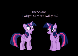 Size: 1580x1148 | Tagged: safe, twilight sparkle, twilight sparkle (alicorn), alicorn, pony, magical mystery cure, season 5, season 9, adult, black background, duo, female, mare, self ponidox, shocked, simple background, teenager, twolight