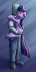 Size: 411x825 | Tagged: safe, artist:duop-qoub, twilight sparkle, twilight sparkle (alicorn), oc, oc:anon, alicorn, human, pony, blushing, canon x oc, eyes closed, female, holding a pony, hug, human male, human male on mare, human on pony action, interspecies, kissing, male, mare, standing, straight, watermark