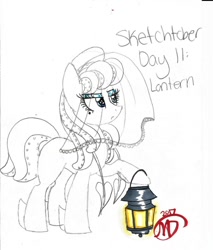 Size: 1024x1202 | Tagged: safe, artist:crystalizedflames, oc, oc only, oc:rozovaya, original species, pony, female, lantern, mare, partial color, sketch, solo, splatoon, squidpony, traditional art