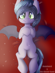 Size: 1980x2640 | Tagged: safe, artist:donutnerd, artist:the-doctor-kami, oc, oc only, oc:midnight reverie, bat pony, pony, body pillow, body pillow design, female, looking at you, lying down, mare, on back, solo