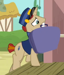 Size: 290x336 | Tagged: safe, screencap, unicorn, uncommon bond, background pony, cropped, luggage, male, mouth hold, solo, stallion, suitcase