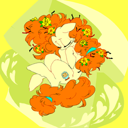 Size: 772x773 | Tagged: safe, artist:pettantantan, pear butter, earth pony, pony, curled up, eyes closed, floppy ears, flower, flower in hair, hooves to the chest, legitimately amazing mspaint, ms paint, solo, top down