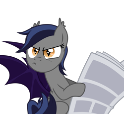 Size: 2500x2289 | Tagged: safe, artist:inudewaruika, oc, oc only, oc:echo, bat pony, looking at you, newspaper, reaction image, scowl, simple background, solo, transparent background, vector