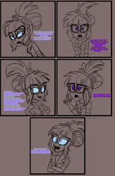 Size: 1024x1570 | Tagged: safe, artist:wubcakeva, midnight sparkle, sci-twi, twilight sparkle, eqg summertime shorts, equestria girls, mad twience, clothes, comic, dialogue, dr jekyll and mr hyde, glasses, glowing eyes, goggles, insanity, lab coat, mad scientist, monochrome, simple background, solo, split personality