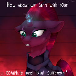 Size: 3000x3000 | Tagged: safe, artist:racheldantes, tempest shadow, pony, unicorn, my little pony: the movie, armor, broken horn, cheek fluff, chest fluff, dialogue, eye scar, female, floppy ears, magic, mare, scar, scene interpretation, solo, sparking horn