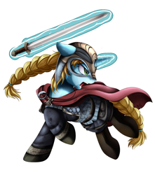 Size: 3405x3856 | Tagged: safe, artist:pridark, oc, oc only, oc:faye stal, pony, unicorn, armor, clothes, female, glowing horn, helmet, horned helmet, magic, mare, simple background, solo, sword, transparent background, viking, viking helmet, weapon