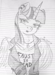 Size: 1795x2452 | Tagged: safe, artist:erenerakhard, derpibooru exclusive, twilight sparkle, twilight sparkle (alicorn), alicorn, alternate hairstyle, blasphemy, clothes, ear piercing, eyeshadow, jacket, leather jacket, lined paper, makeup, piercing, solo, traditional art