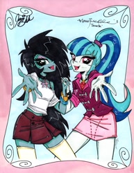 Size: 1681x2183 | Tagged: safe, artist:ponygoddess, sonata dusk, oc, oc:sappho, bracelet, clothes, colored sketch, eyeshadow, female, holding hands, jewelry, lesbian, looking at you, makeup, marÿke hendrikse, necklace, open mouth, shirt, signature, skirt, socks