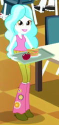 Size: 190x404 | Tagged: safe, screencap, paisley, epic fails (equestria girls), eqg summertime shorts, equestria girls, apple, background human, boots, clothes, cropped, floral print, jeans, lipstick, offscreen character, sandwich, sleeveless, socks, solo, tanktop, tray