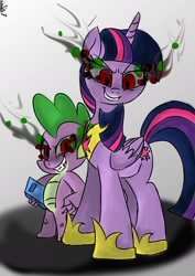 Size: 1000x1414 | Tagged: safe, artist:emositecc, spike, twilight sparkle, twilight sparkle (alicorn), alicorn, dragon, pony, corrupted, corrupted twilight sparkle, evil, evil grin, female, gradient background, grin, male, mare, smiling, sombra eyes